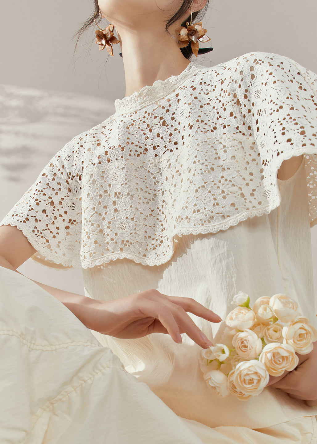 French White Lace Hollow Out Cotton Shirt Short Sleeve