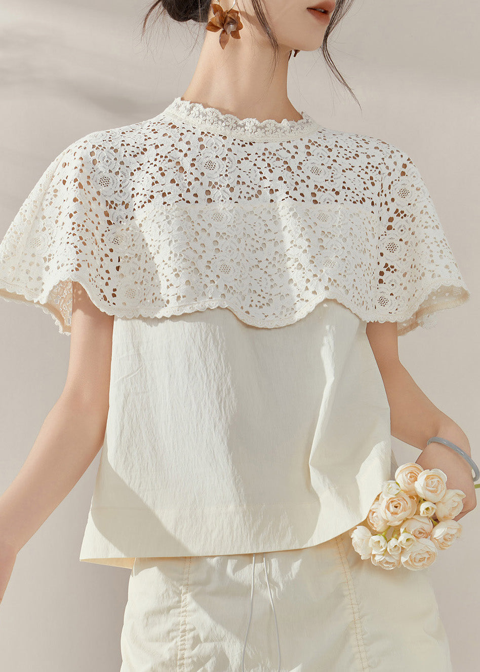 French White Lace Hollow Out Cotton Shirt Short Sleeve