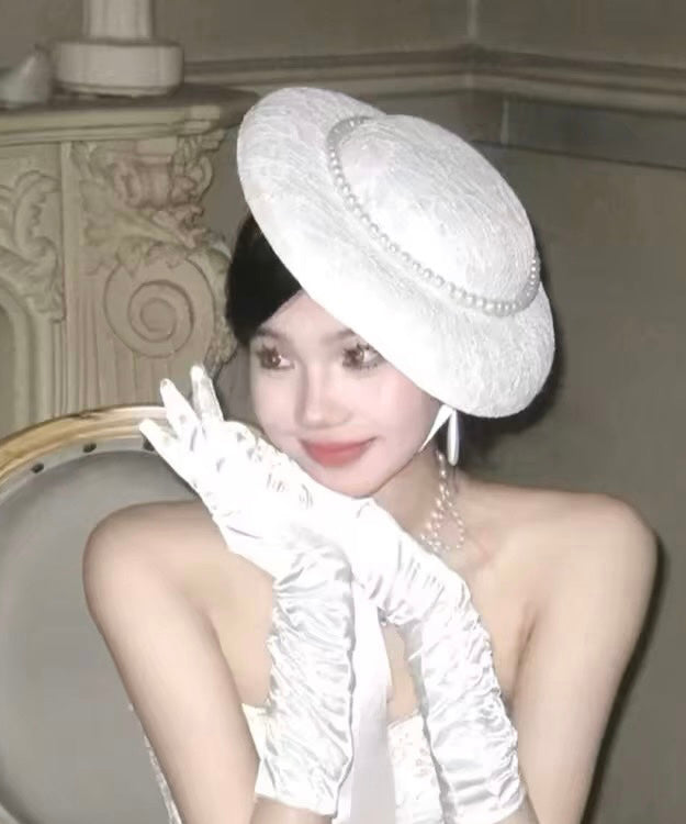 French White Lace Pearl Lace Up Cloche Hat