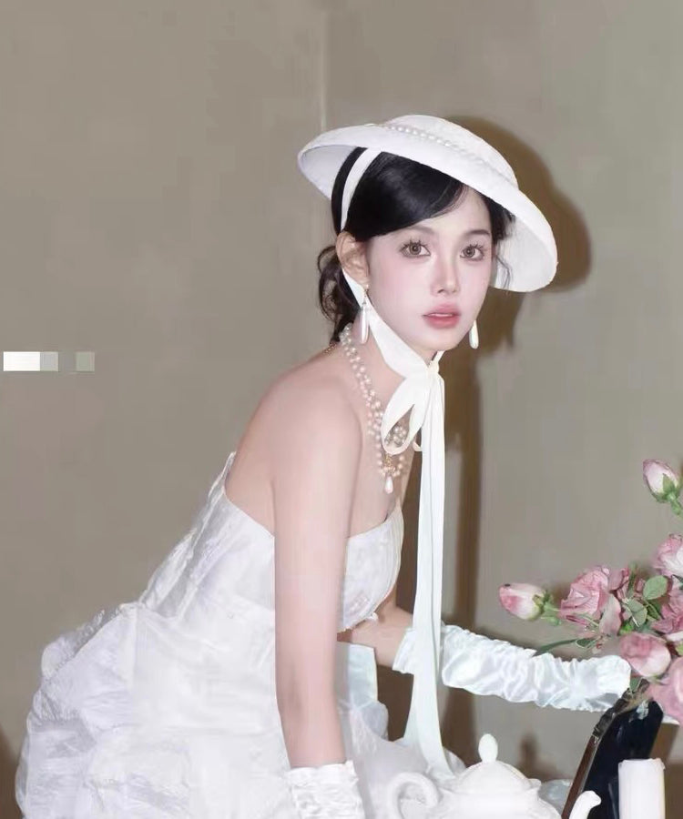 French White Lace Pearl Lace Up Cloche Hat
