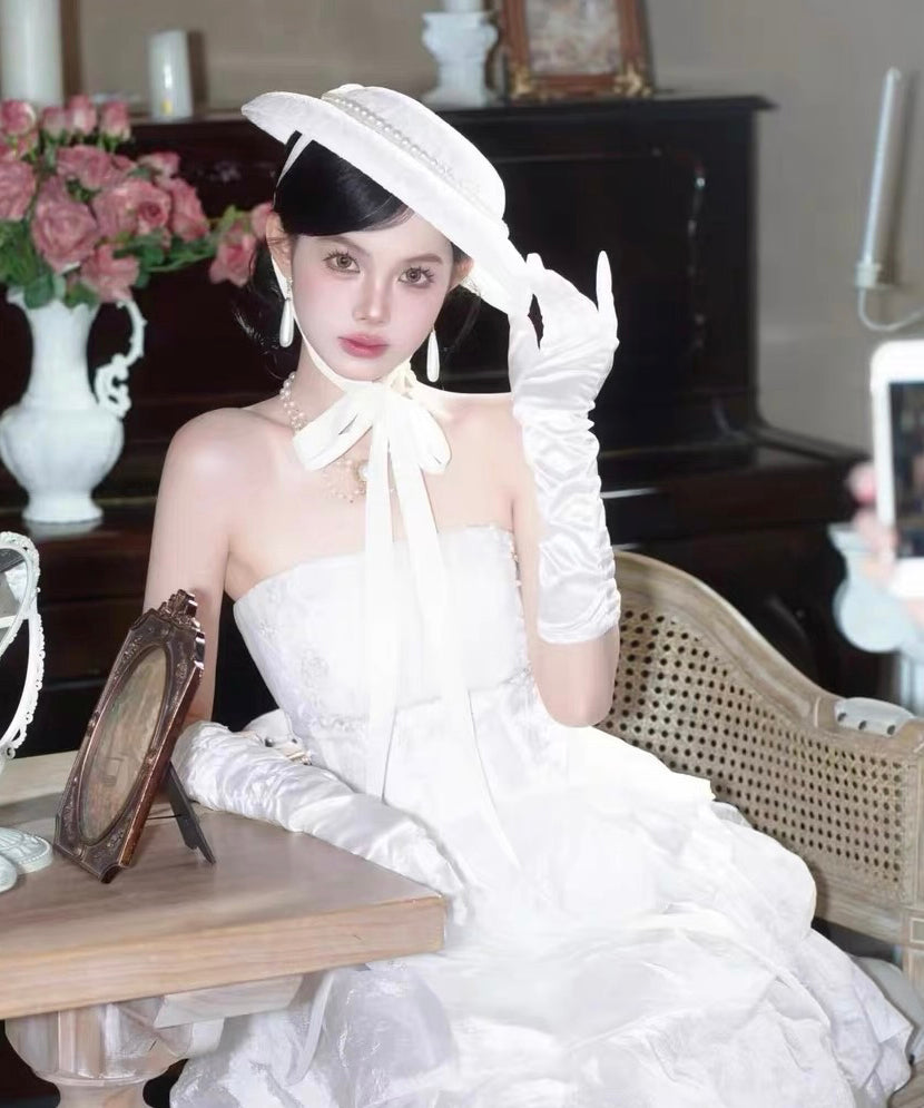 French White Lace Pearl Lace Up Cloche Hat