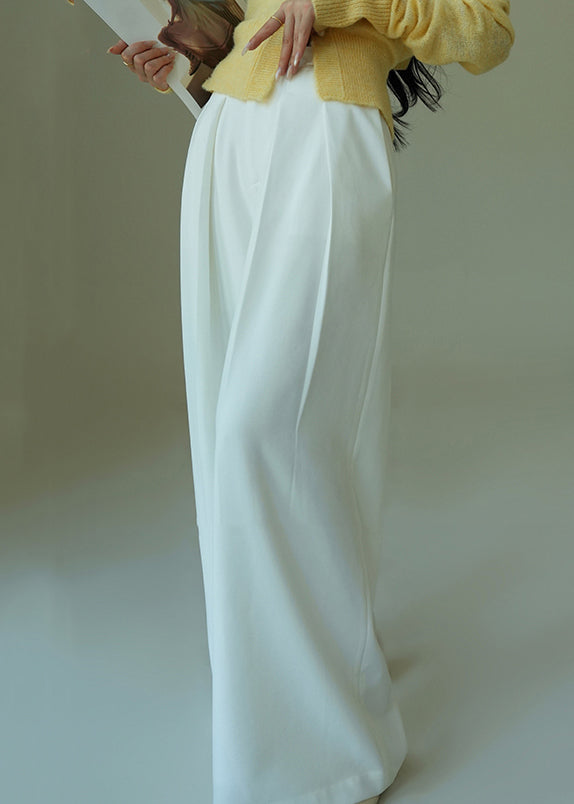 French White Lace Up Pockets High Waist Spandex Wide Leg Pants Fall