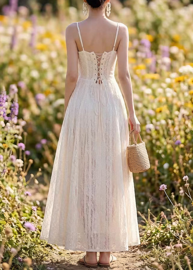 French White Lace Up Spaghetti Strap Summer Dress - Omychic