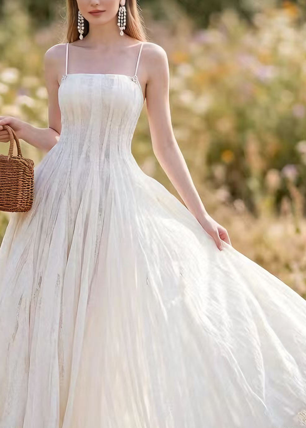 French White Lace Up Spaghetti Strap Summer Dress - Omychic