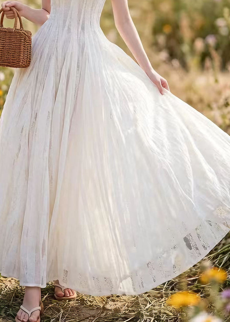 French White Lace Up Spaghetti Strap Summer Dress - Omychic