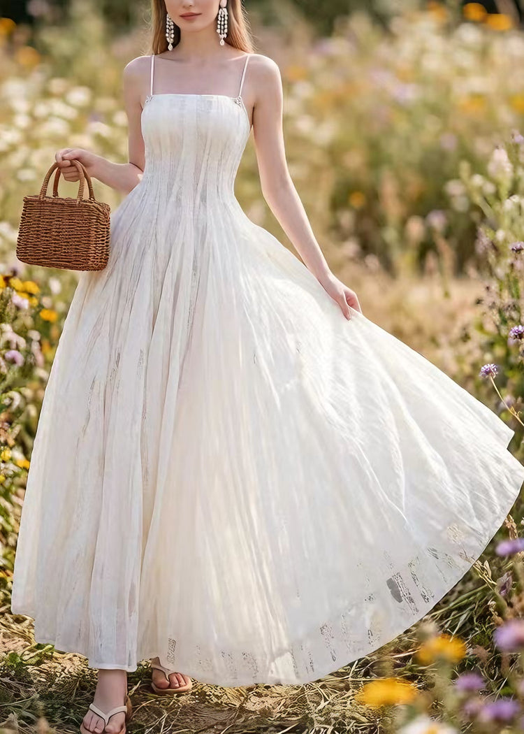 French White Lace Up Spaghetti Strap Summer Dress - Omychic