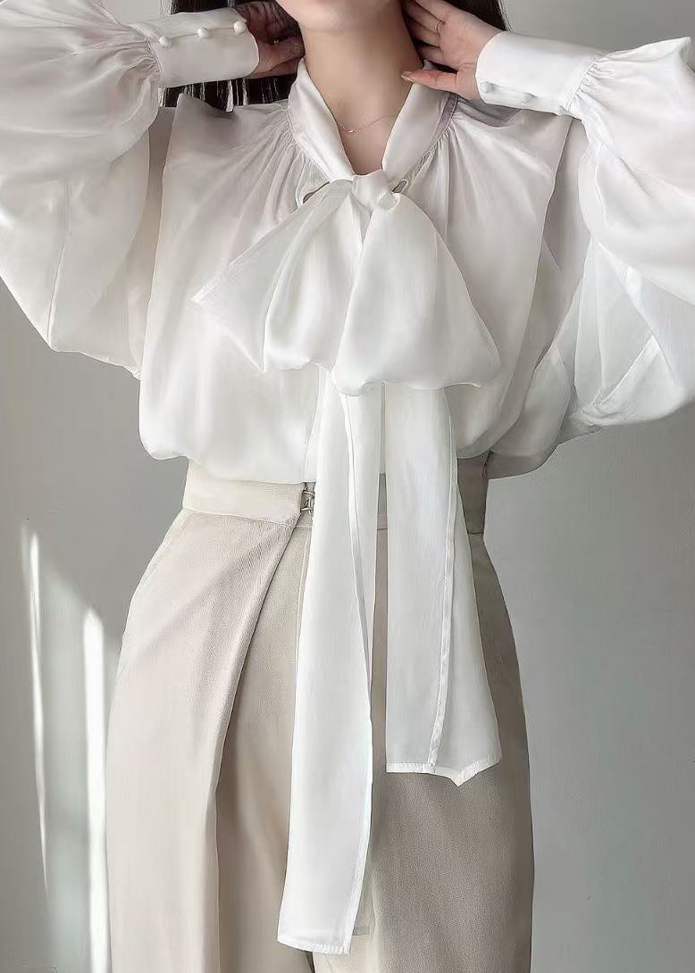 French White Neck Waist Silk Shirt Tops Lantern Sleeve
