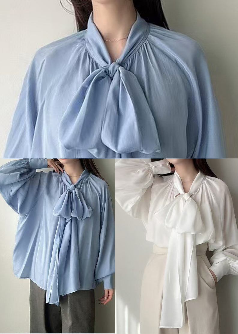 French White Neck Waist Silk Shirt Tops Lantern Sleeve