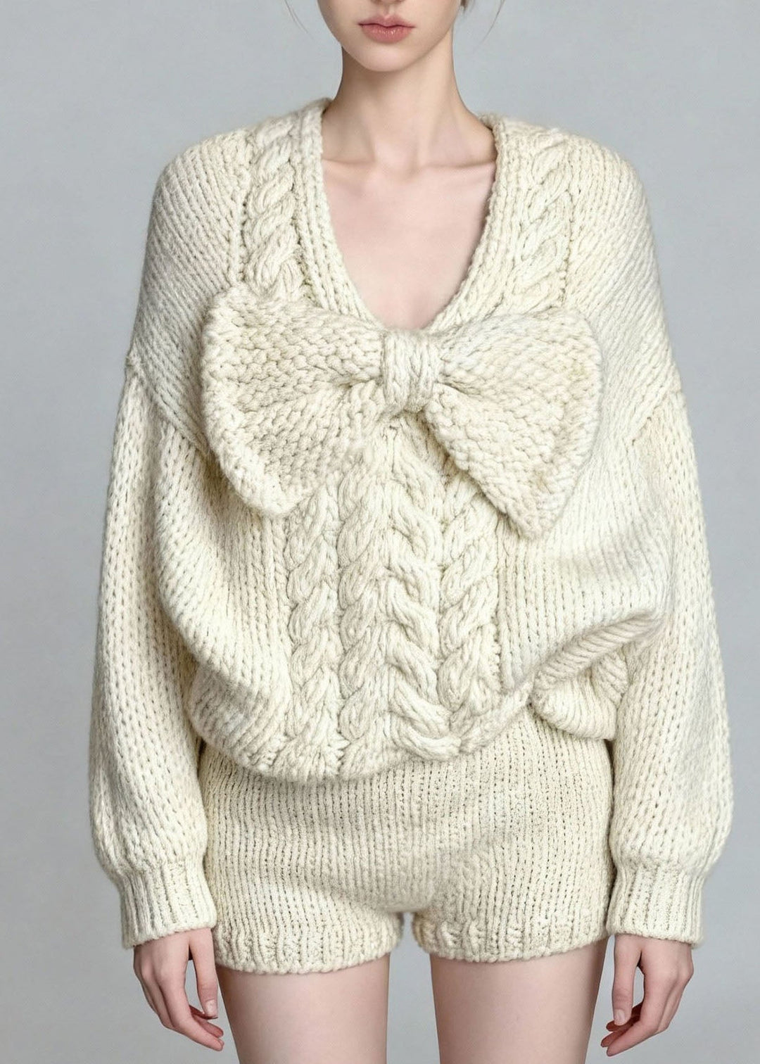 French White O Neck Bow Sweaters And Shorts Knit Two Pieces Set Fall