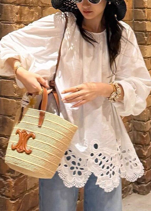 French White O-Neck Embroidered Hollow Out Top Lantern Sleeve - Omychic