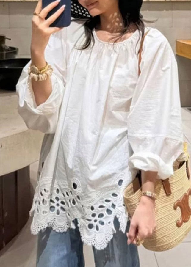 French White O-Neck Embroidered Hollow Out Top Lantern Sleeve - Omychic