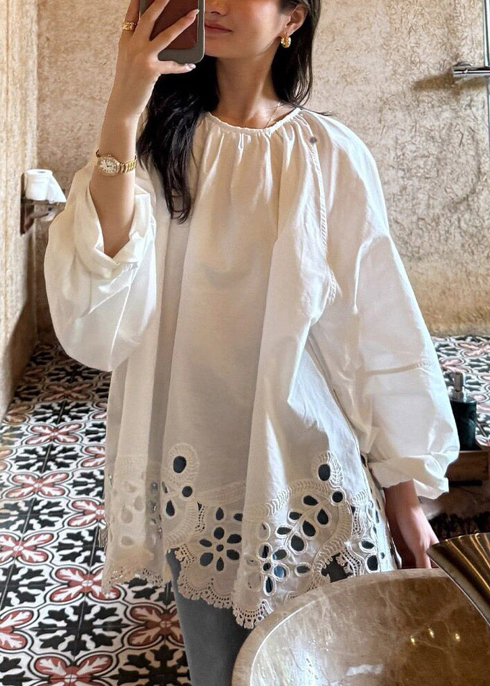French White O-Neck Embroidered Hollow Out Top Lantern Sleeve - Omychic