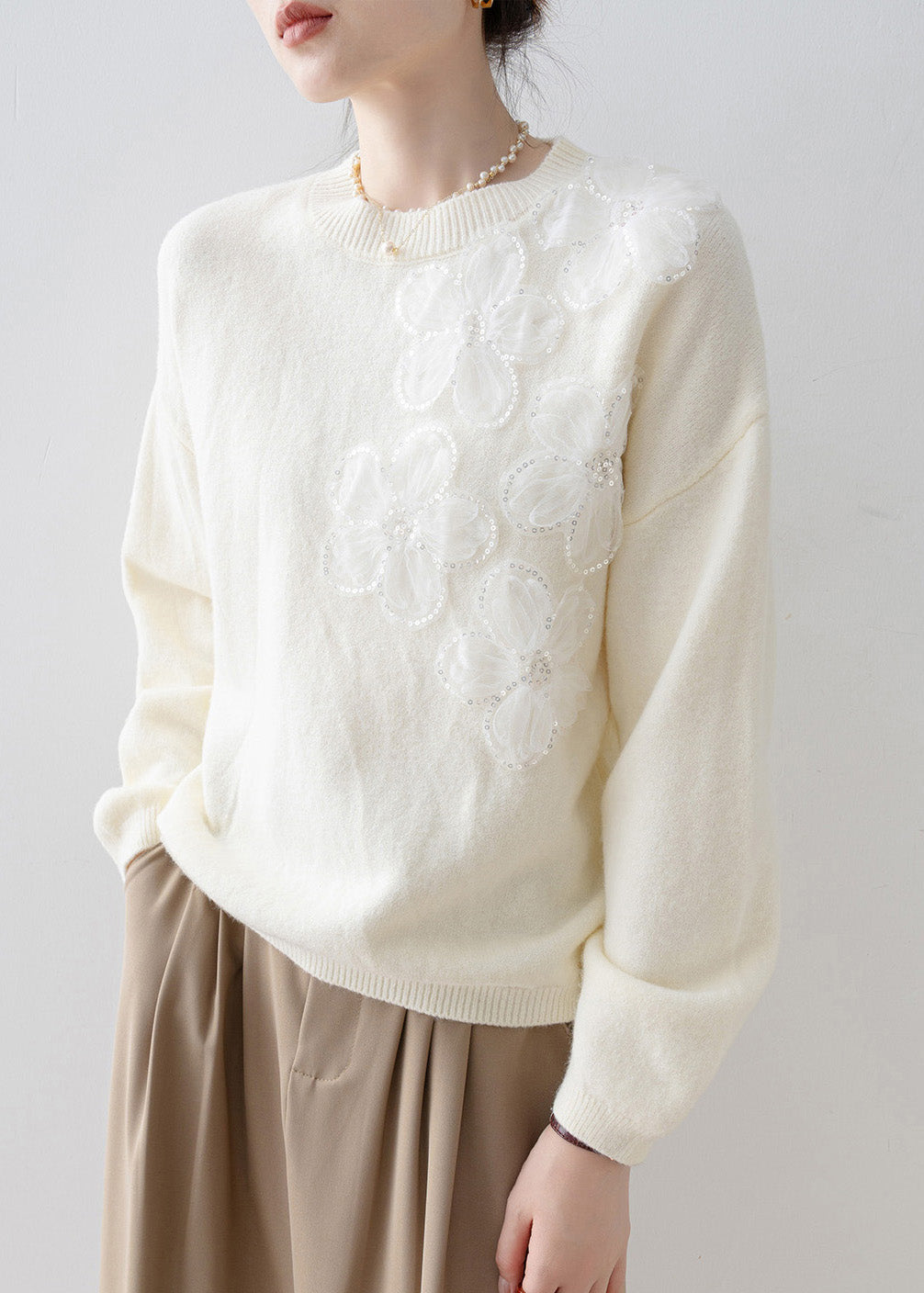 French White O Neck Floral Sequins Knit Sweater Tops Spring