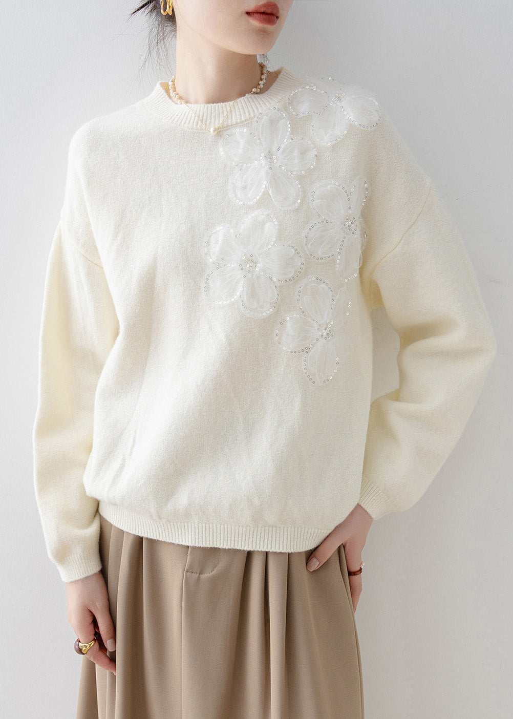 French White O Neck Floral Sequins Knit Sweater Tops Spring