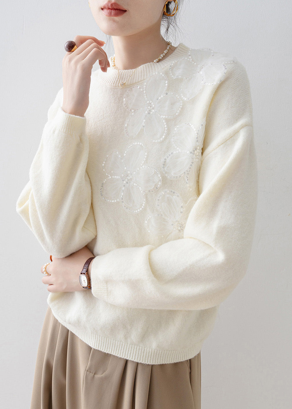 French White O Neck Floral Sequins Knit Sweater Tops Spring