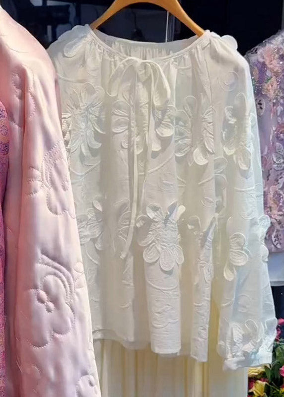 French White O-Neck Floral Tie Lace Top Lantern Sleeve