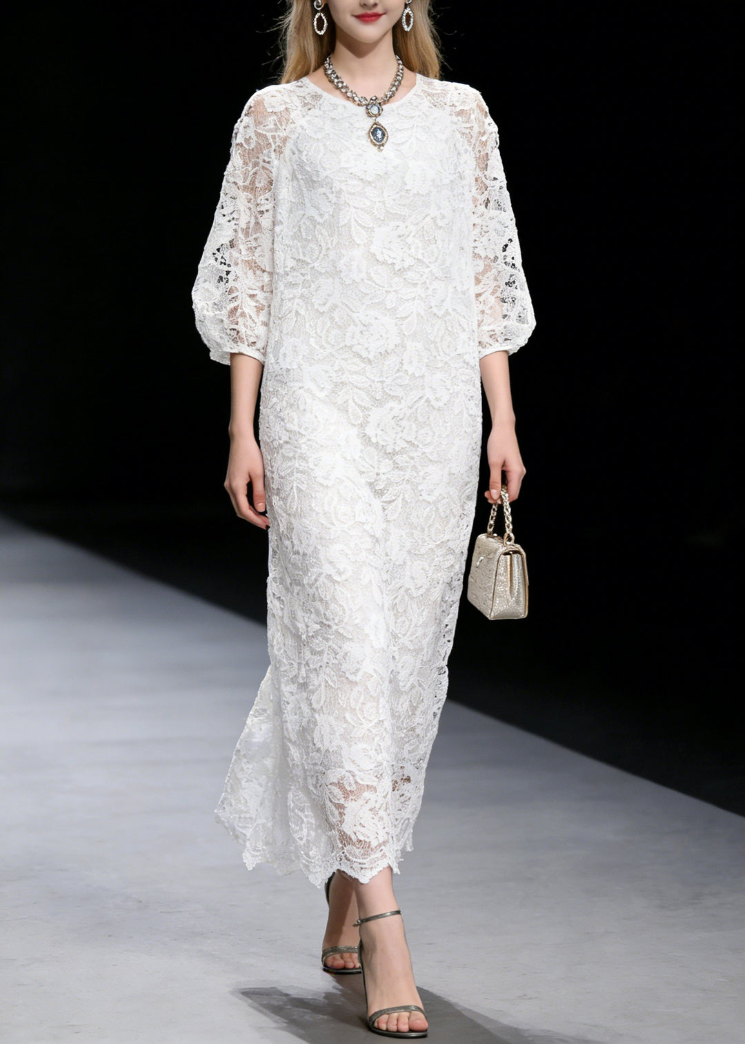 French White O Neck Hollow Out Lace Long Dress Summer