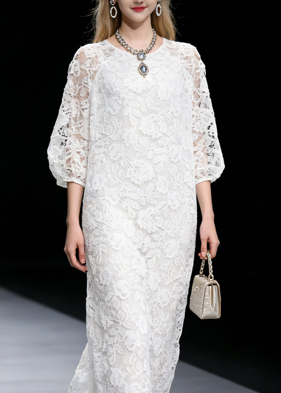 French White O Neck Hollow Out Lace Long Dress Summer