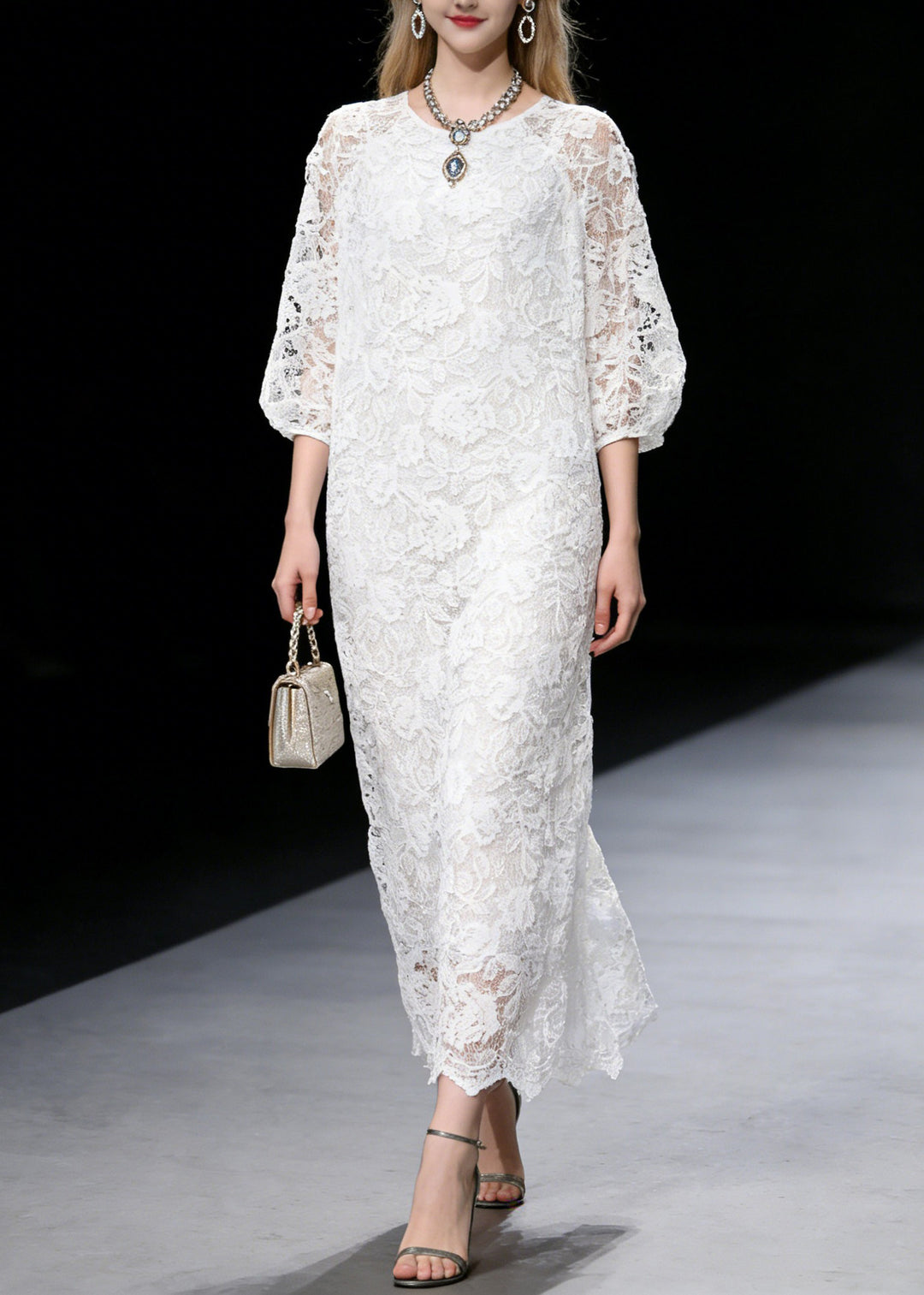 French White O Neck Hollow Out Lace Long Dress Summer