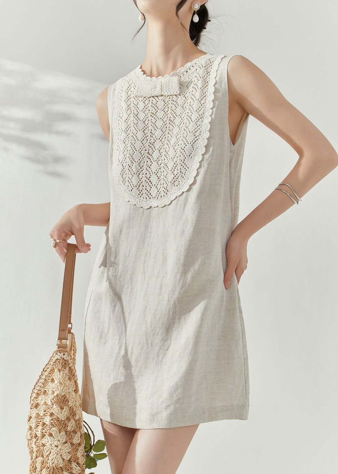 French White O-Neck Hollow Out Party Mid Dress Summer