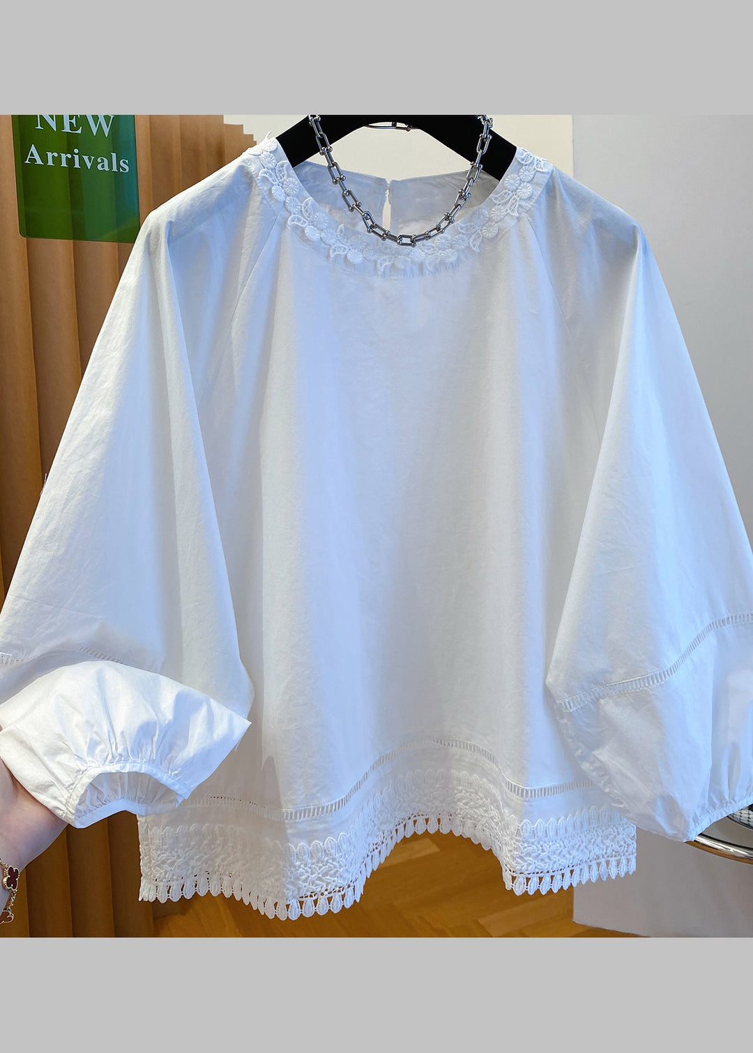 French White O Neck Lace Patchwork Cotton Top Fall