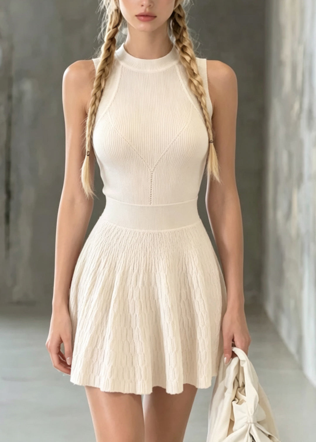 French White O Neck Patchwork Knit Mini Dress Sleeveless