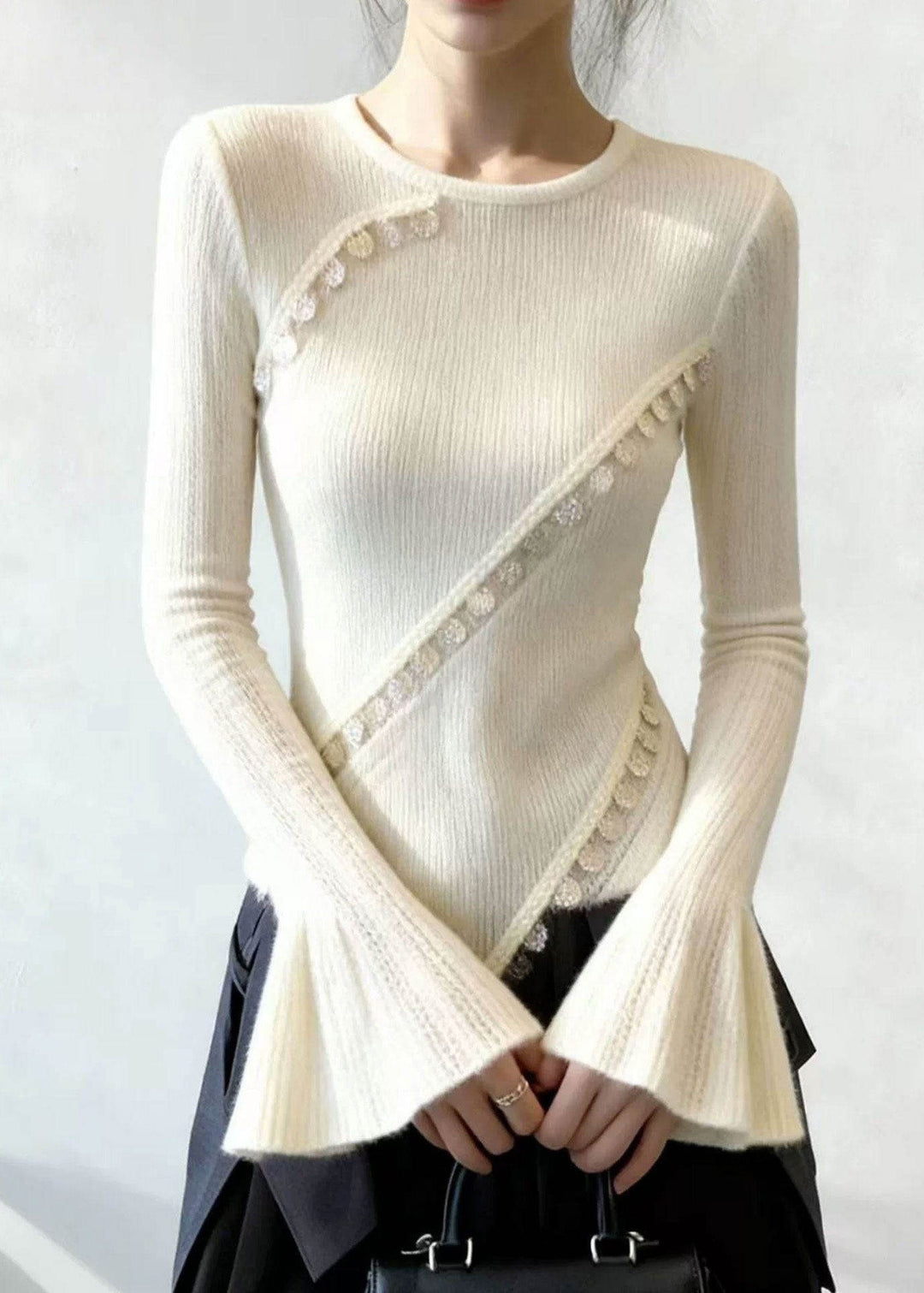 French White O Neck Patchwork Knit Sweater Top Flare Sleeve