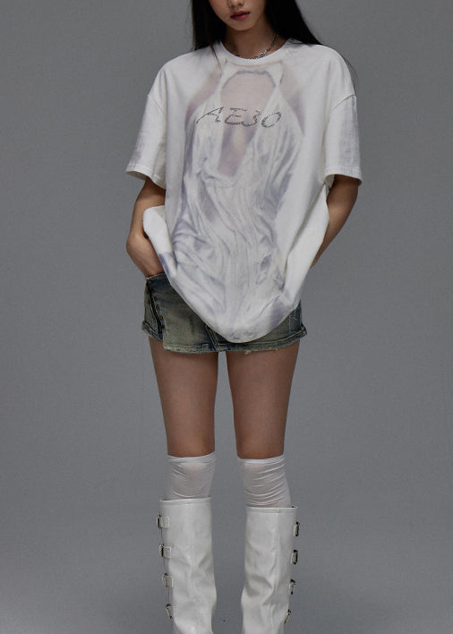 French White O Neck Print Tulle Patchwork Cotton T Shirt Summer