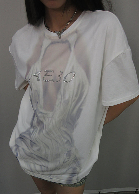 French White O Neck Print Tulle Patchwork Cotton T Shirt Summer