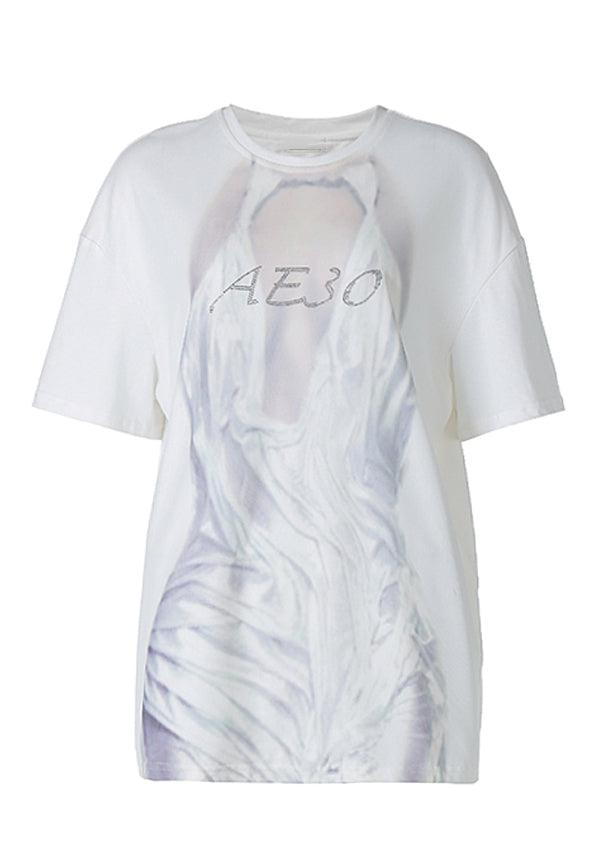 French White O Neck Print Tulle Patchwork Cotton T Shirt Summer