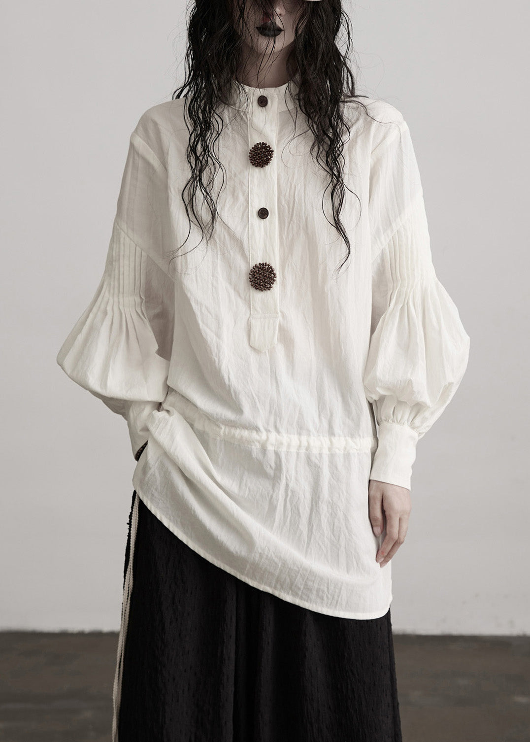 French White O-Neck Puff Sleeve Patchwork Cotton Tops Fall