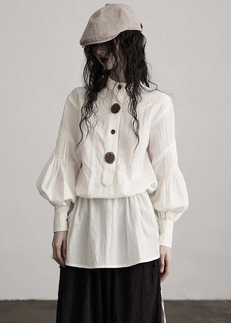 French White O-Neck Puff Sleeve Patchwork Cotton Tops Fall