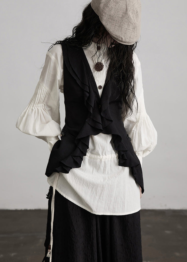 French White O-Neck Puff Sleeve Patchwork Cotton Tops Fall