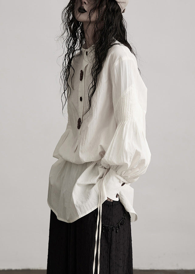 French White O-Neck Puff Sleeve Patchwork Cotton Tops Fall