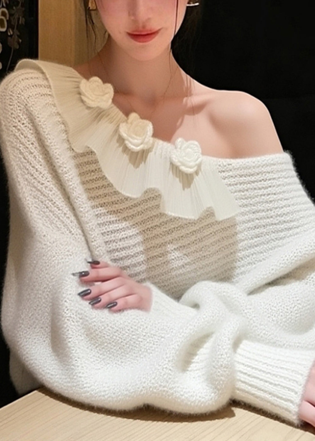 French White One Shoulder Floral Decorated Knit Sweater Winter