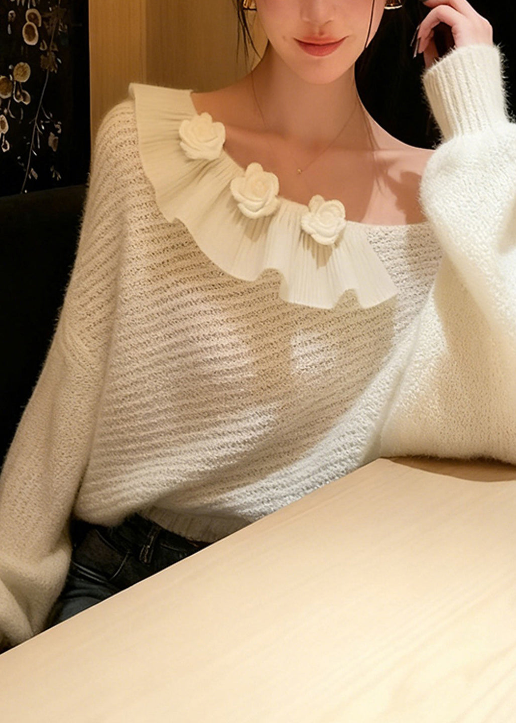 French White One Shoulder Floral Decorated Knit Sweater Winter