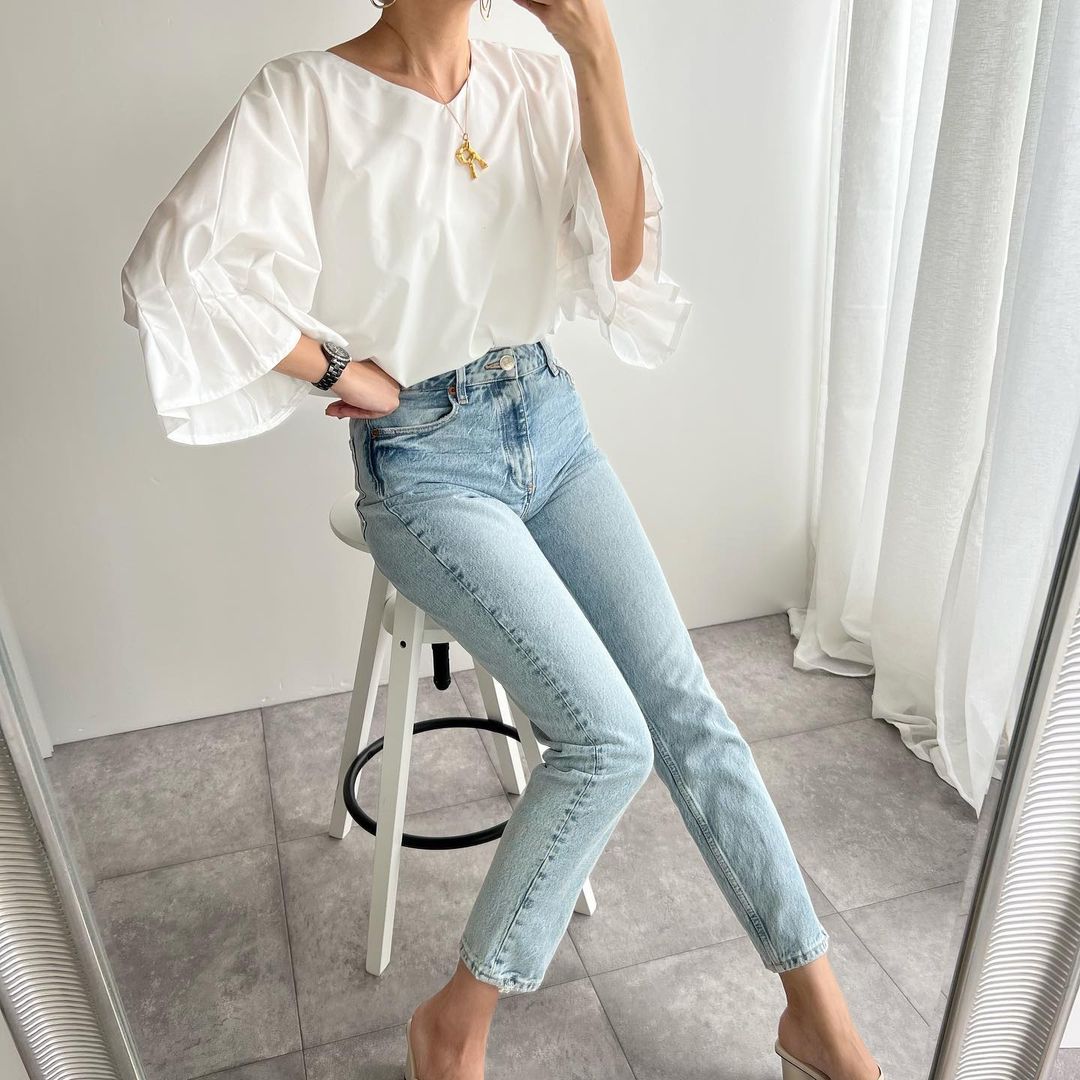 French White Oversized Cotton Shirt Top Lantern Sleeve
