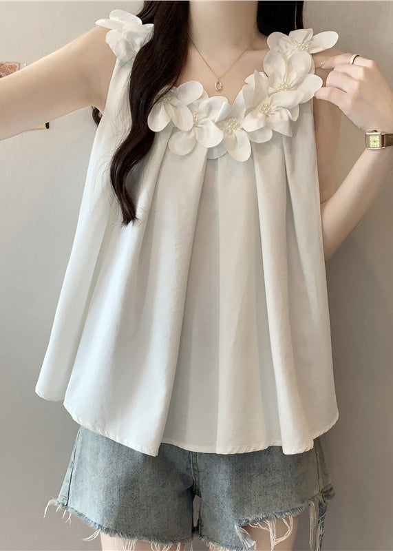 French White Oversized Floral Cotton Vests Summer