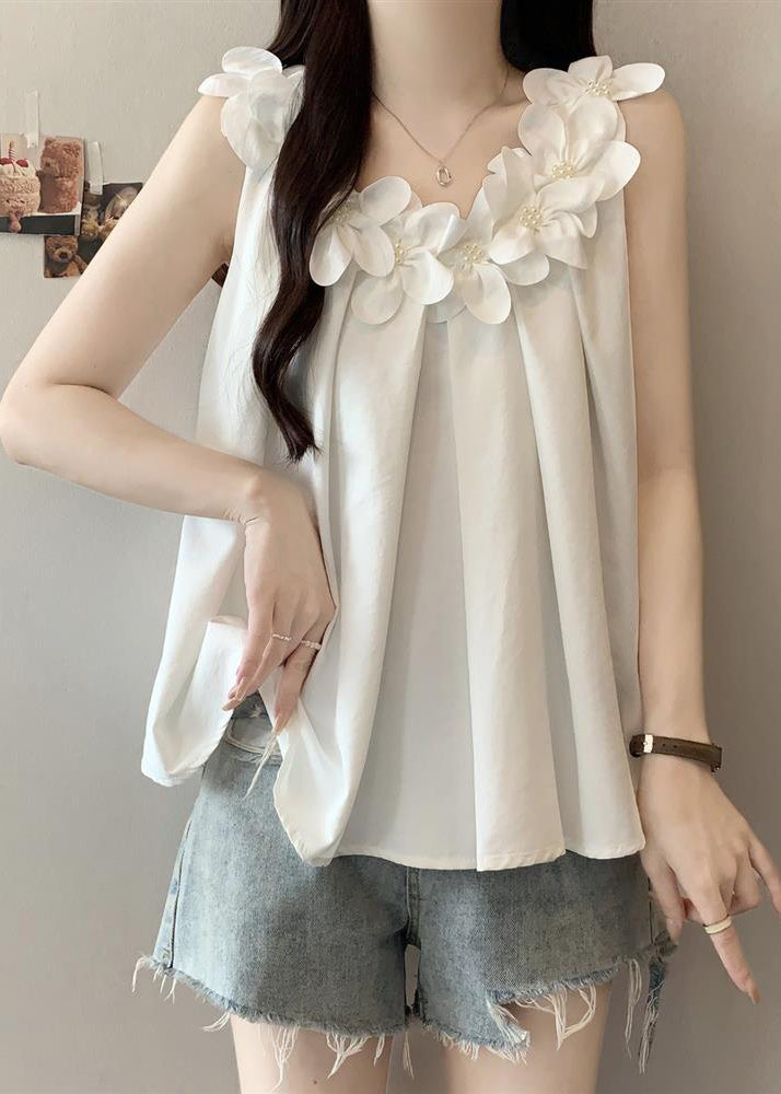 French White Oversized Floral Cotton Vests Summer