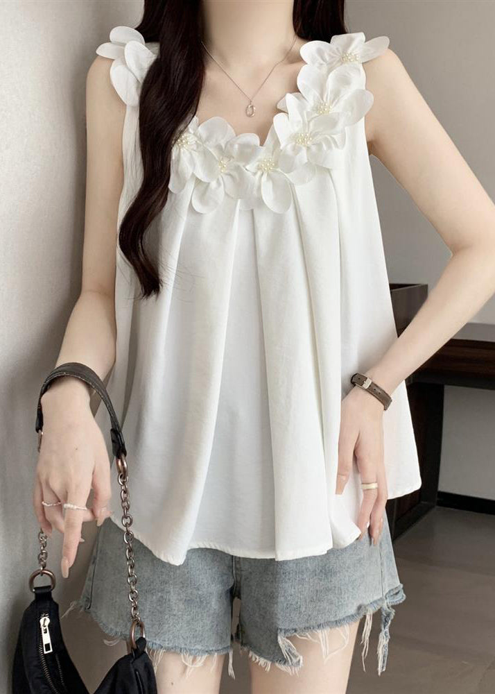French White Oversized Floral Cotton Vests Summer