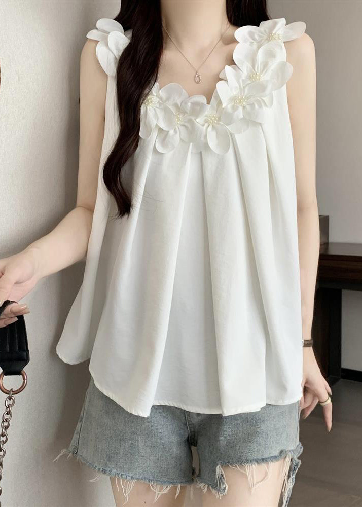 French White Oversized Floral Cotton Vests Summer