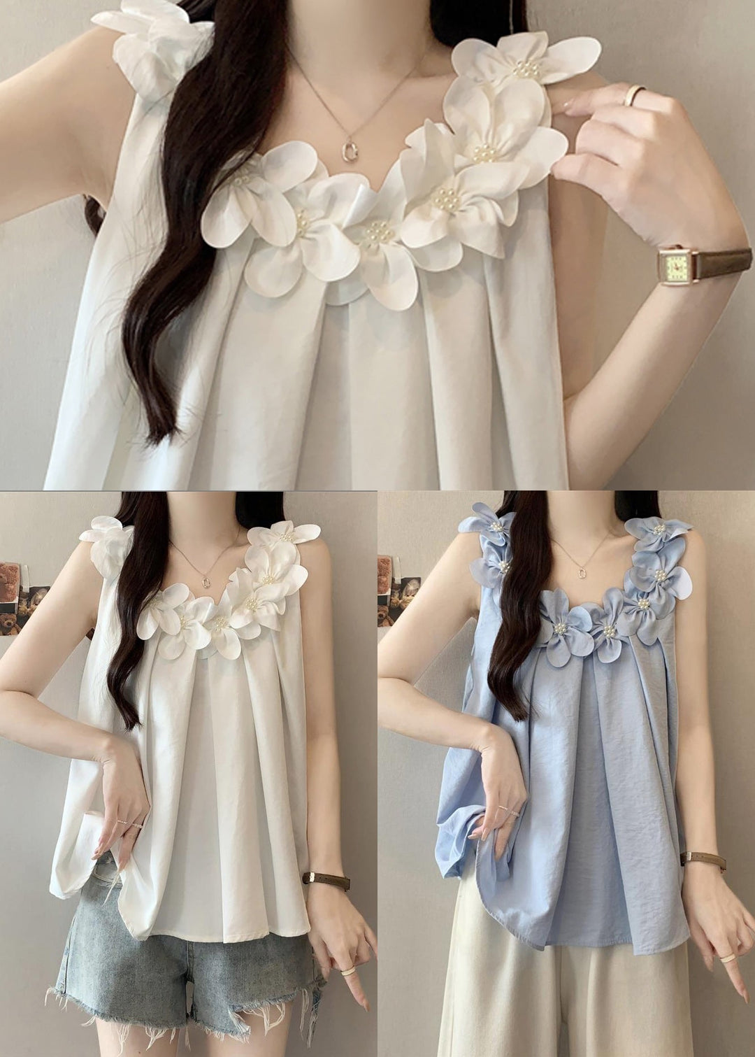 French White Oversized Floral Cotton Vests Summer