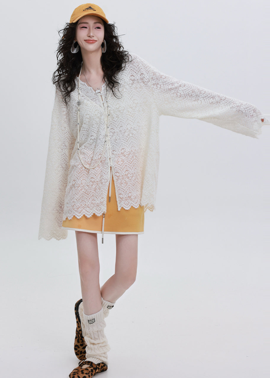 French White Oversized Lace UPF 50+ Shirt Top Spring