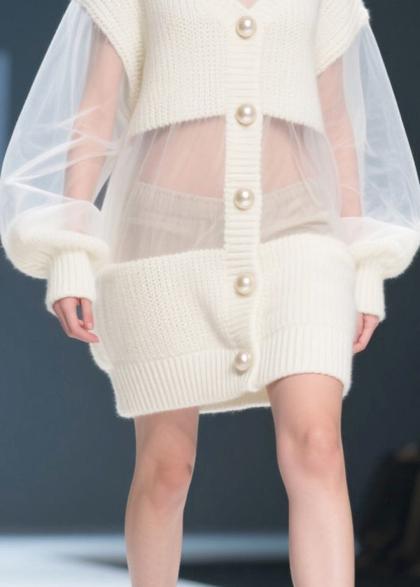 French White Oversized Patchwork Tulle Long Sweater Fall