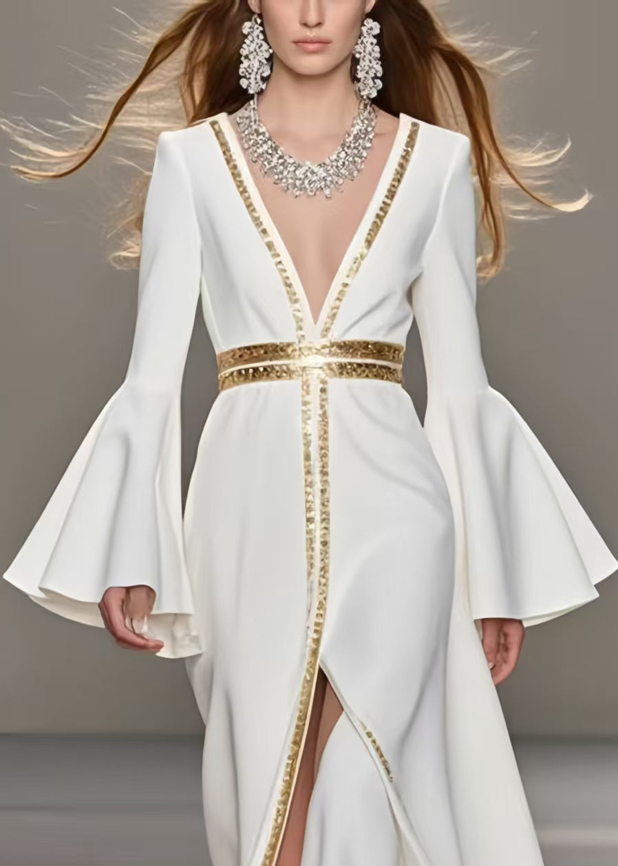 French White Patchwork Side Open Chiffon Vestidos Dress Spring
