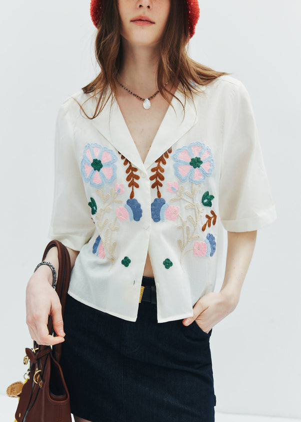 French White Peter Pan Collar Embroidered Cotton Top Summer