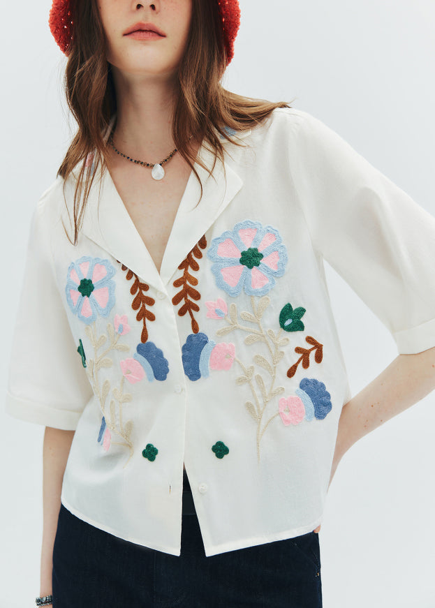 French White Peter Pan Collar Embroidered Cotton Top Summer