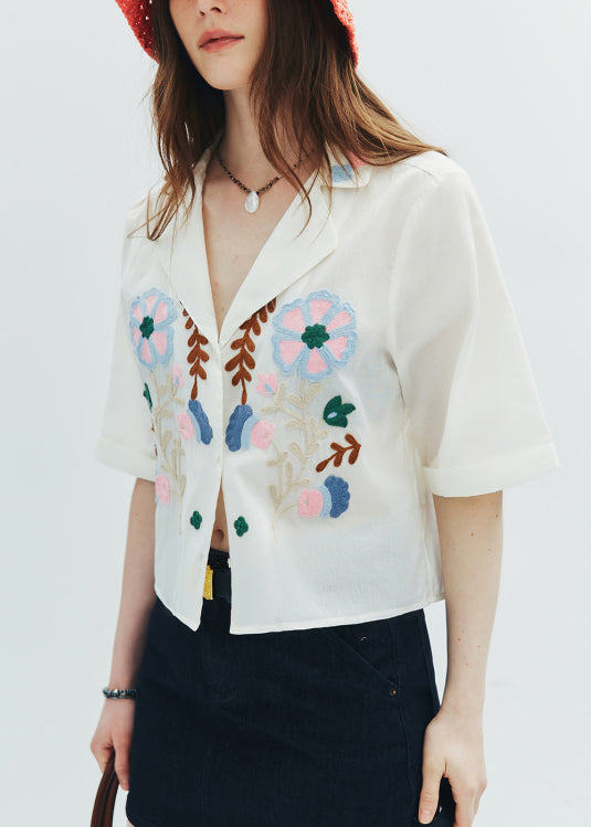 French White Peter Pan Collar Embroidered Cotton Top Summer