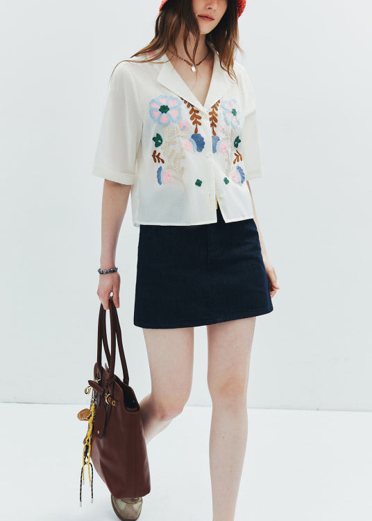 French White Peter Pan Collar Embroidered Cotton Top Summer