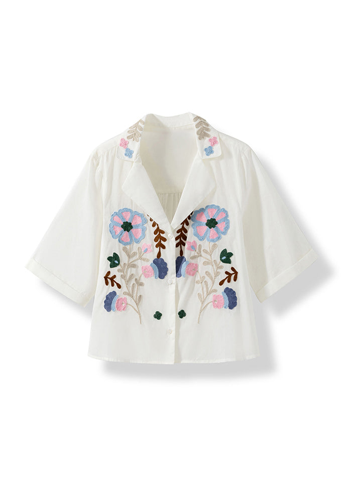 French White Peter Pan Collar Embroidered Cotton Top Summer